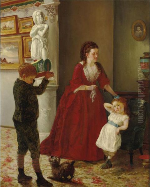 Mother And Children In An Interior Oil Painting by Joseph Oriel Eaton