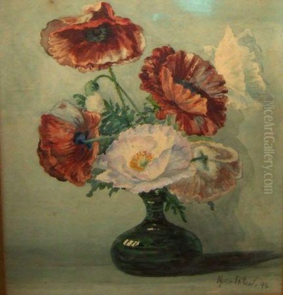 Still Life Study Ofmixed Poppies In A Green Glass Oil Painting by Maria Hampshire Eaton