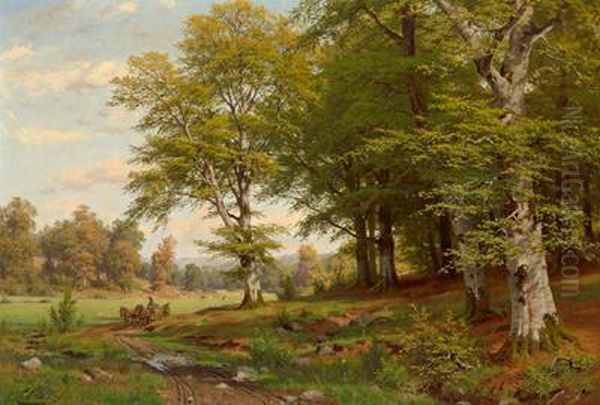 Bewaldete Landschaft Mit Einempferdefuhrwerk Oil Painting by Fritz Ebel