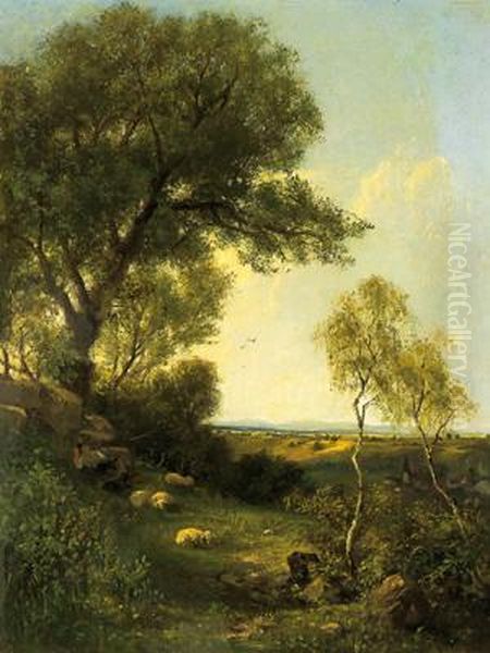 Weite Landschaft Mit Schafen Im Vordergrund Oil Painting by Fritz Ebel