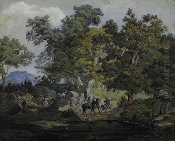 Group Of Riders In An Oak Forest. Signed And Dated Bottom Right: 18 F.e. 57 Oil Painting by Fritz Ebel