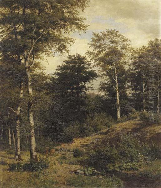 Deer In A Forest Clearing Oil Painting by Fritz Carl Werner Ebel