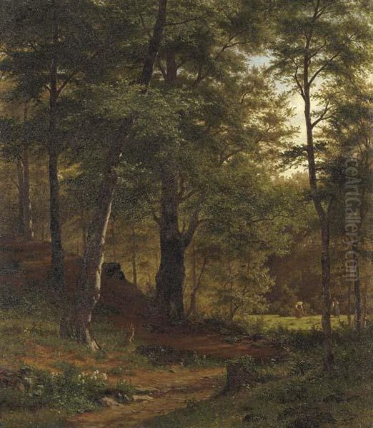 A Forest Clearing With Figures Oil Painting by Fritz Carl Werner Ebel