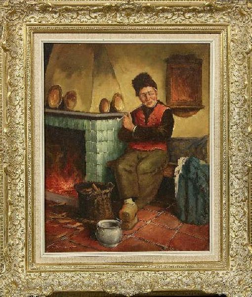 Hollander Beim Pfeiferauchen Am Kamin Oil Painting by Johann Jakob Eberhardt