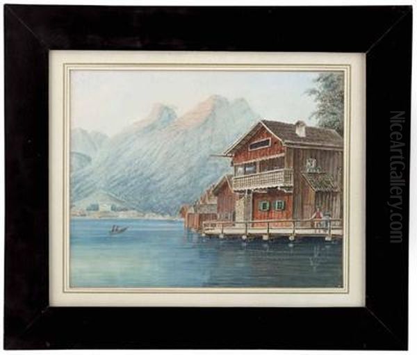 Partie Am Hallstattersee Mit Bootshausern Oil Painting by Josef Eberl