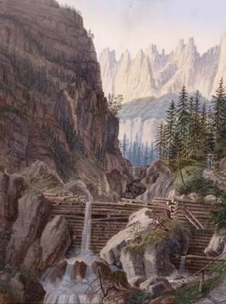 Donnerkogel Mit Wasserfall, Im Hintergrund Der Gosaukamm Oil Painting by Josef Eberl