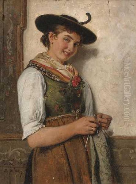 Dirndl Mit Strickzeug. Oil Painting by Adolf Eberle