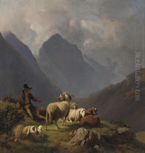 A Young Shepherd Resting In The Mountains Oil Painting by Robert Eberle