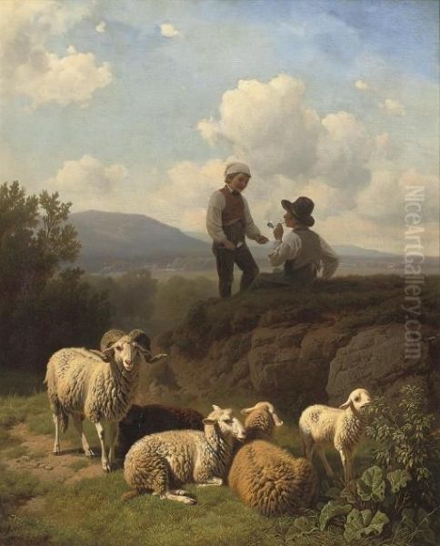 Young Shepherds Having A Smoke Oil Painting by Robert Eberle