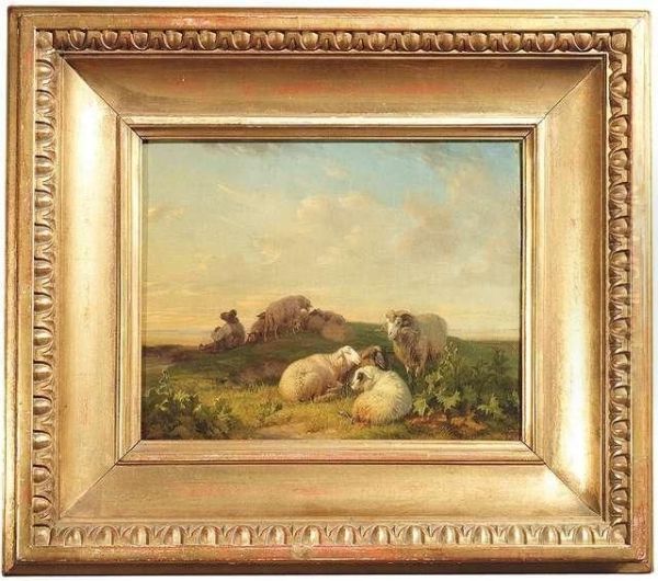 A Flock Of Sheep With The Shepherd By Sunset Light Oil Painting by Robert Eberle