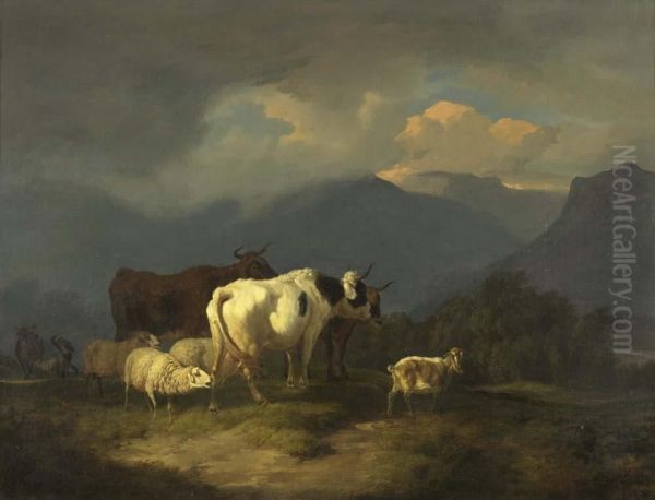 Mountain Landscape With Cattle And Sheep Before The Storm. Oil Painting by Robert Eberle