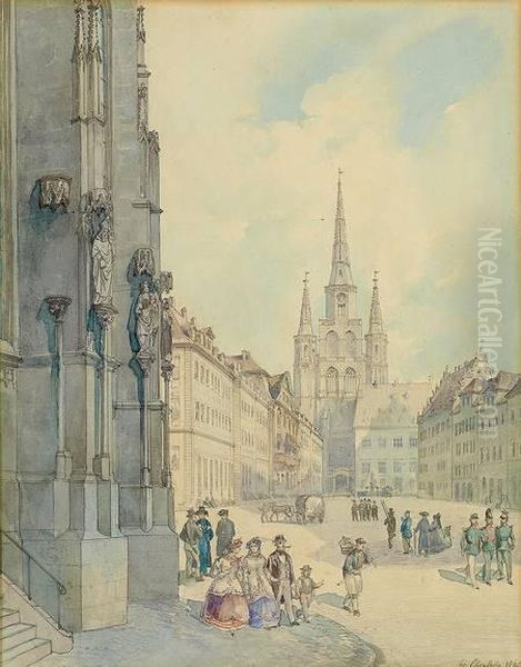 Blick Auf Den Belebtenansbacher Marktplatz Mit Der Humbertus-kirche Oil Painting by Georg Eberlein