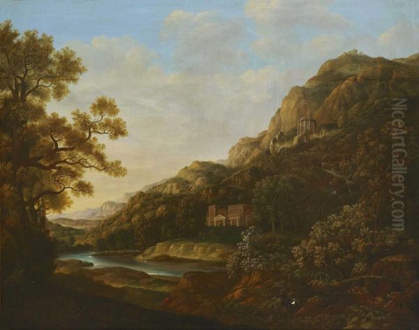 Antikische Gebirgslandschaft Mit Rundtempel Oil Painting by Johann Christian Eberlein