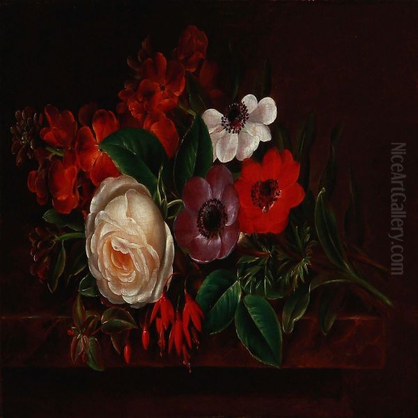 A Flower Bouquet On A Stone Sill Oil Painting by Jonna Eberlin