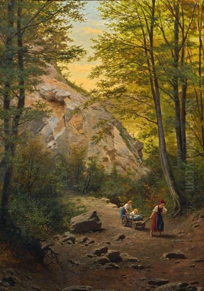 Kinder Am Waldweg Oil Painting by Anton Ebert