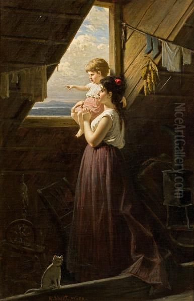 Mutter Mit Kind Am Fenster Oil Painting by Anton Ebert