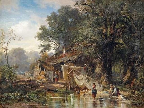 Fishing Hut At The Borderof A Wood. Oil Painting by Carl Ebert