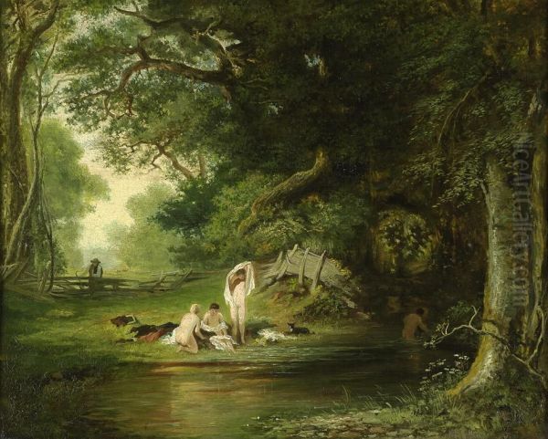 Waldlandschaft Mit Badenden Madchen Oil Painting by Carl Ebert