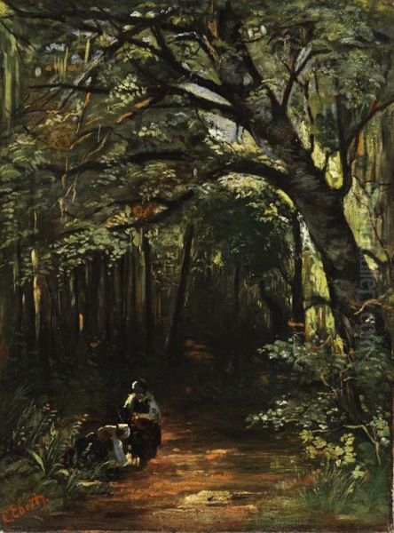 Waldweg Mit Zwei Pilze Sammelnden Frauen Oil Painting by Carl Ebert