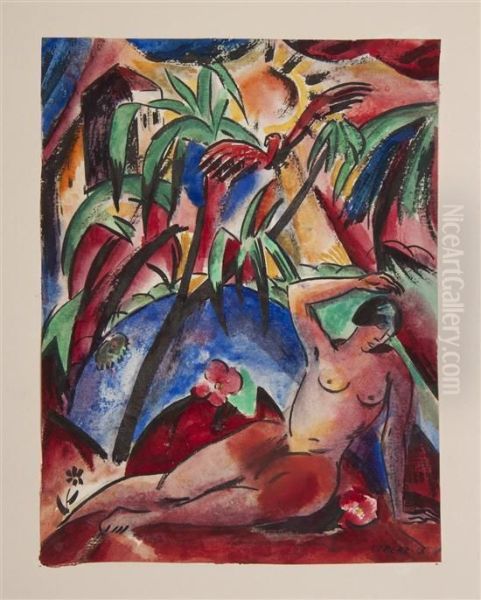 Reclining Nude In Jungle Oil Painting by Josef Eberz