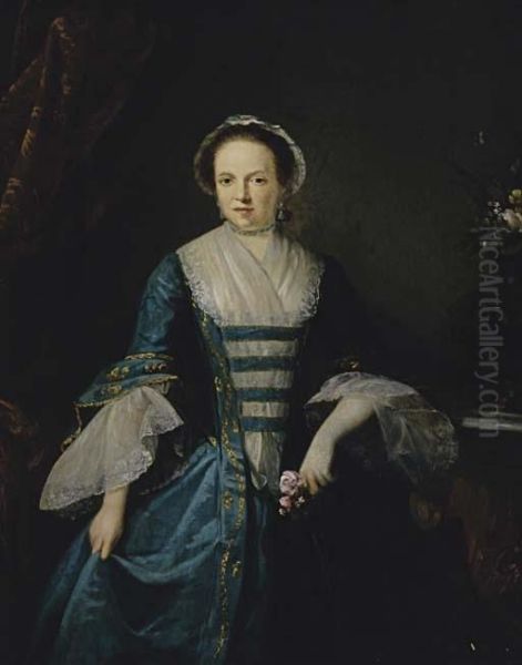 Portrait Of A Lady In A Blue Dress, Three-quarter Length, Holding A Rose Oil Painting by John Giles Eccardt