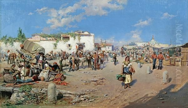 A Busy Market Scene Oil Painting by Jose Echena