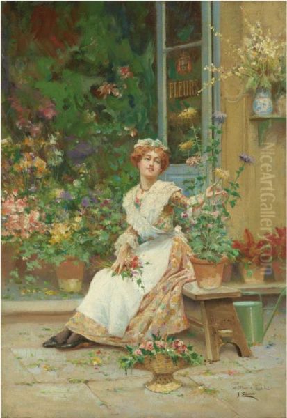 La Vendedora De Flores (the Flower Seller) Oil Painting by Jose Echena