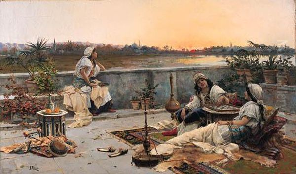 The Harem Resting At Sunset With Constantinople Beyond Oil Painting by Jose Echena