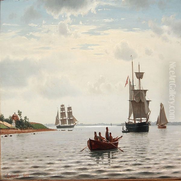 Coastal View With Sailing Ships And A Rowing Boat Oil Painting by Christian Eckardt