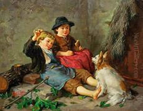 Paar Rastende Bauernkinder Mit Hund Oil Painting by Johann Conrad Eckart