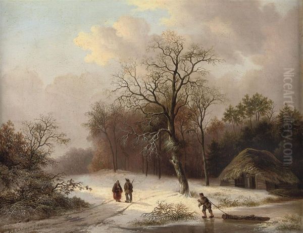 A Wooded Winter Landscape Oil Painting by Hendrik Daniel Eckelboom