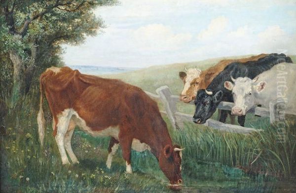 Vier Kuhe Am Weidezaun Oil Painting by Friedrich Eckenfelder