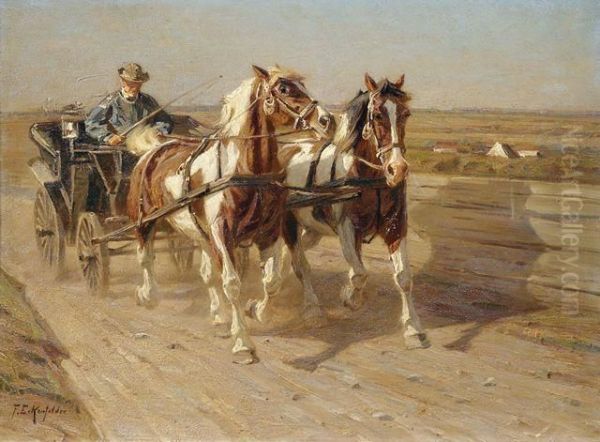 Zwei Schecken Mit Kutsche Oil Painting by Friedrich Eckenfelder