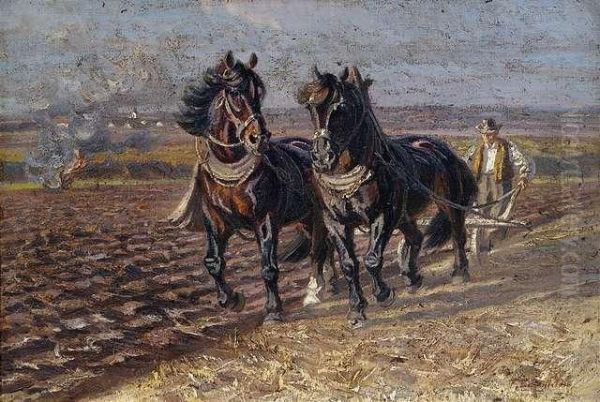 Two Black Horses Ploughing Oil Painting by Friedrich Eckenfelder