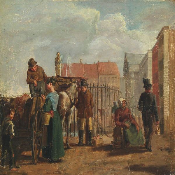 Street Life At Gl. Torv, Copenhagen Oil Painting by Christoffer Wilhelm Eckersberg