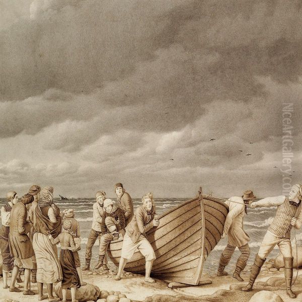 Fishermen From Hornbaek Saving The Captain From A Stranded English Ship Oil Painting by Erling Eckersberg