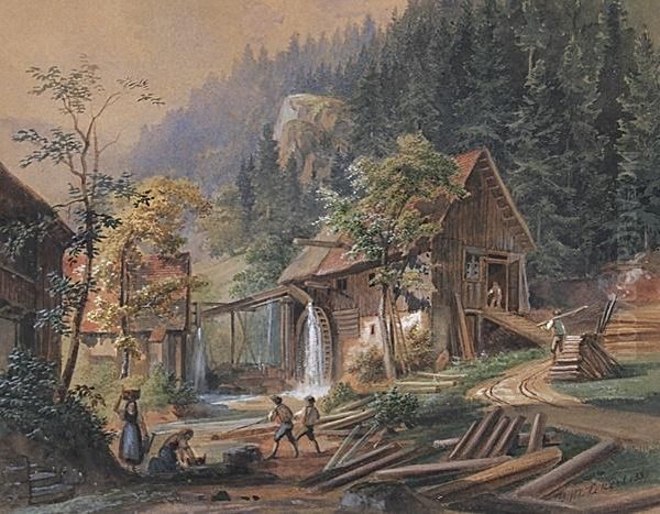 Ibbacher Saegemuhle Bei Petersthal, Schwarzwald Oil Painting by Georg Maria Eckert