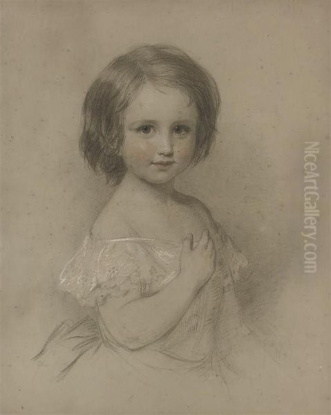 Portrait Of A Young Girl, Half-length, In A White Dress(illustrated); And Portrait Of A Girl, Half-length, With Her Handsresting On A Sofa Oil Painting by Eden Upton Eddis