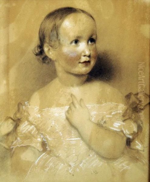 Portrait Of A Rosy Cheeked Girl, Half Length Wearing A White Ribbontied Dress Oil Painting by Eden Upton Eddis