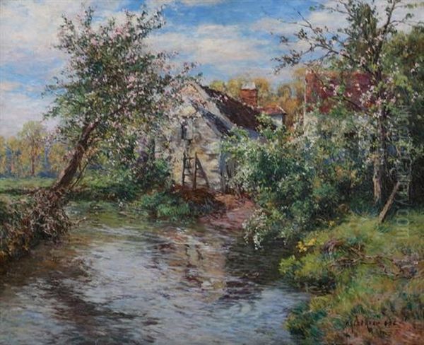 Spring Apple Blossoms Along Stream With House Oil Painting by Frederick Charles Vipont Ede