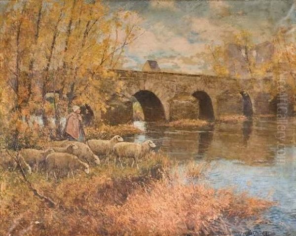 Bergere Et Moutons A La Riviere Oil Painting by Frederick Charles Vipont Ede