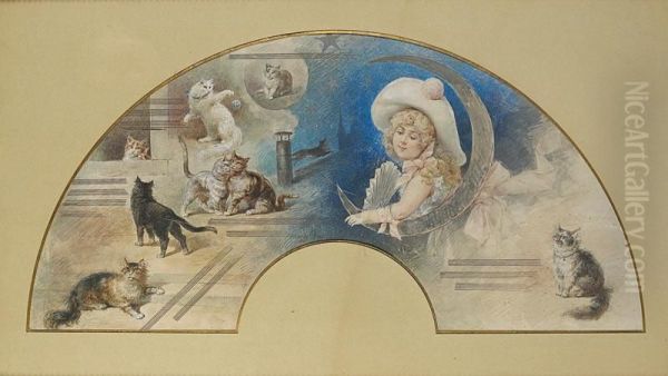 Femme Au Croissant De Lune Et Chats (projet D'eventail). Oil Painting by Edmund Edel