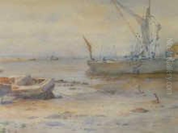 Fishing Boats In An Estuary At Low Tide Oil Painting by William Eden