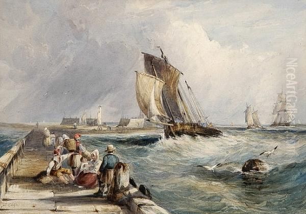 Ships Entering Harbour And The Quay At Ardrossan Oil Painting by John William Edge