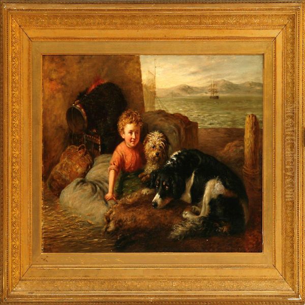 Harbour Scene With Aboy And Two Shipdogs Oil Painting by Samuel Edmonston