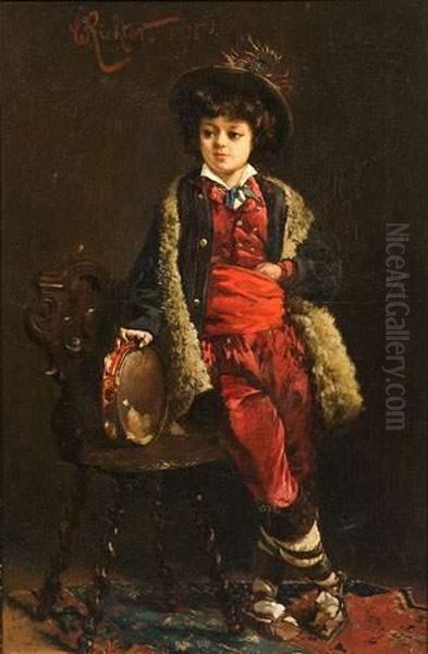 Jeune Homme Au Tambourin, 1876. Oil Painting by Edouard Frederic Wilhelm Richter