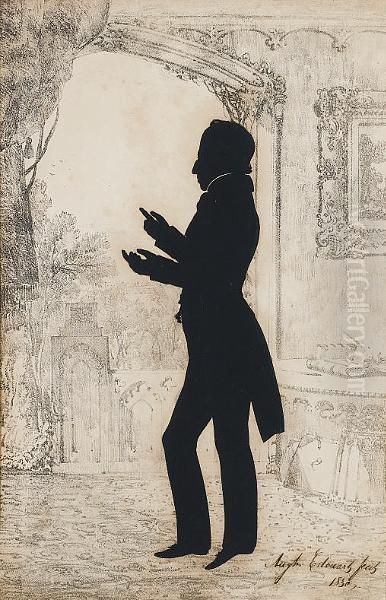 A Silhouette Of A Gentleman, Full-length, In Interior Setting, Profile To The Left, Wearing Frock Coat, Waistcoat, Chemise And Cravat. Oil Painting by Augustin Amant C.F. Edouart