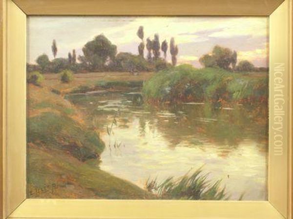 Continental Rural River Scene Oil Painting by Odon Edvi-Illes