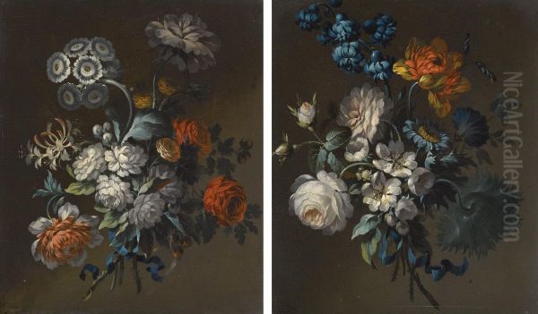 A Pair Of Still Lifes, Each With Posies Of Roses, Polyanthus And Other Flowers, Tied With Blue Ribbons Oil Painting by A.C. Edwards