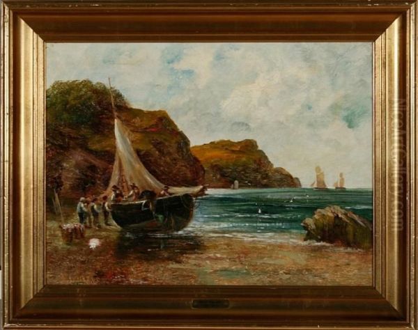 Coastal Scenery With A Fishingboat On The Beach Oil Painting by Edwin Edwards